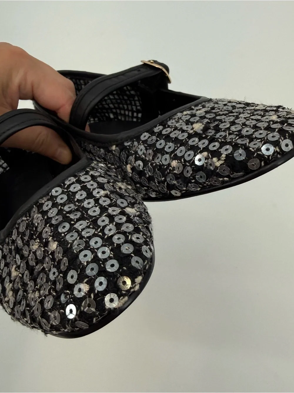 J.Crew Sequin Mary Jane Ballet Flats Black Silver Size 8.5